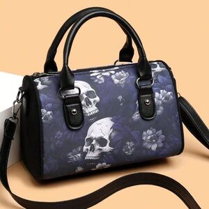 Skull Floral Pattern Black & Purple Crossbody Bag